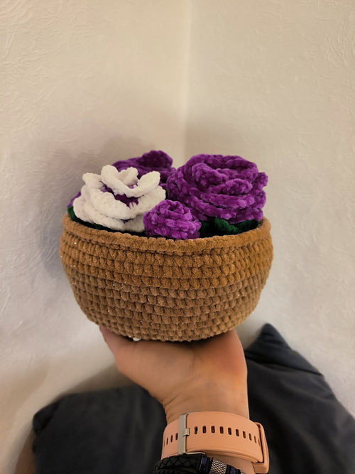 Crocheted Flower Basket – Purple & White